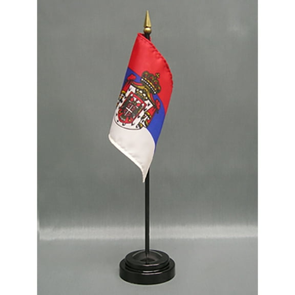 Made in The USA. 2 Serbia Rayon 4"x6" Miniature Office Desk & Little Hand Waving Table Flags Includes 2 Flag Stands & 2 Small Mini Serbian Stick Flags, Also Includes Serbia Flag Lapel Pin.