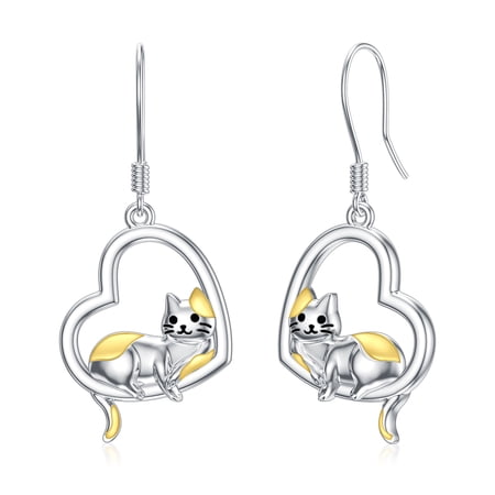 Cat Earrings S925 Sterling Silver Heart Pussy Cat Drop Earrings Kitten Kitty Dangle Dangling Earrings Cute Animal Jewellery Gift for Women