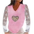 thumbnail image 1 of Women Multiple Color Soft Retro Nature V-neck Lace Edge Printing Long Sleeve Polyester Splice Top(Pink,XL), 1 of 6