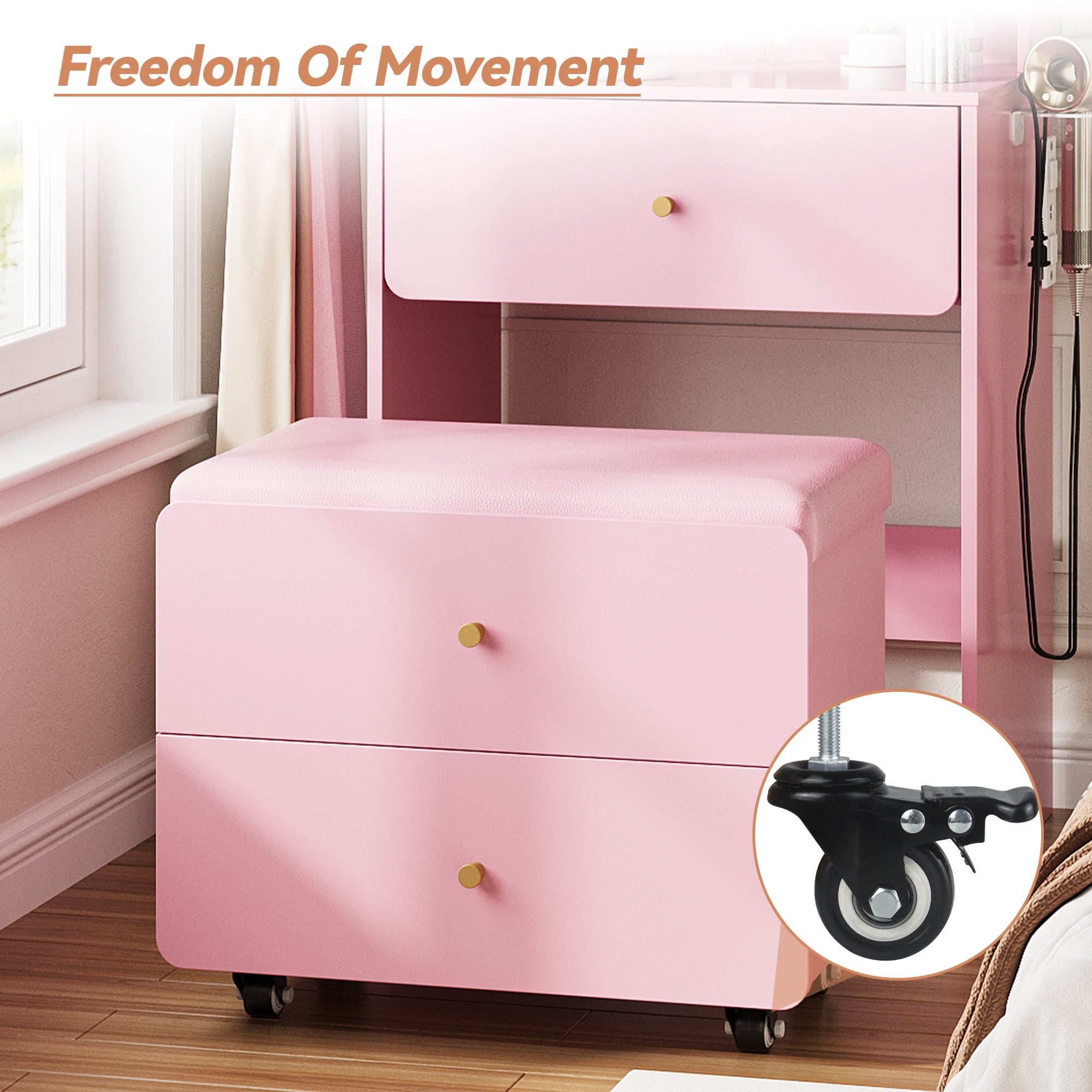 VEANERWOOD Pink Vanity Desk Set for Small Spaces, 23.62” Small Makeup Vanity Table with Rolling Stool, Lighting Mirror & Charging Station for Girls