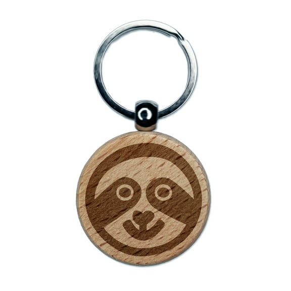 Sloth Face Round Keychain Charm Tag - Engraved Wood