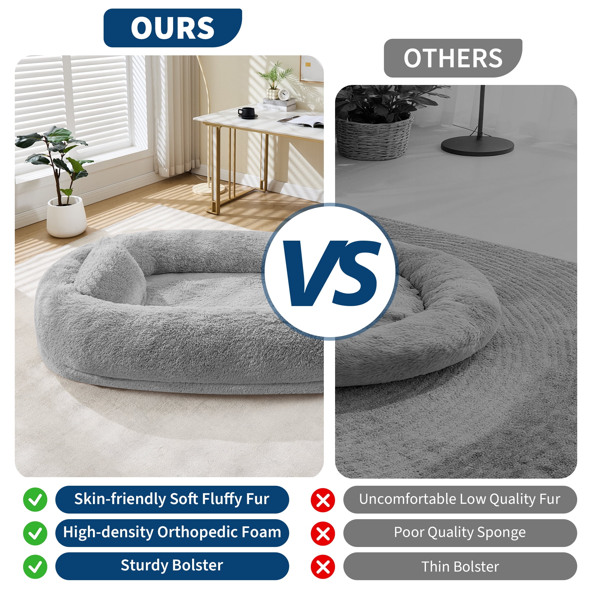 Huisuilinss 67" Human Dog Bed For Adult & Pets,Removable Faux Fur Dog Bed With Pillow,Side Pockets,Egg-Shaped Orthopedic Foam,Human Sized Dog Bed For Living Rooms Bedrooms Offices