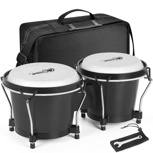 lotmusic Bongo Drums 6” and 7”, Black Wooden Percussion Instrument Bongos for Kids Adults Beginners,Hand Drum with Carr