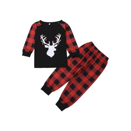 

Nokpsedcb Christmas Family Matching Pajamas Set Parent-child Elk T-shirt Plaid Pants Homewear Set Red Black Child 6T