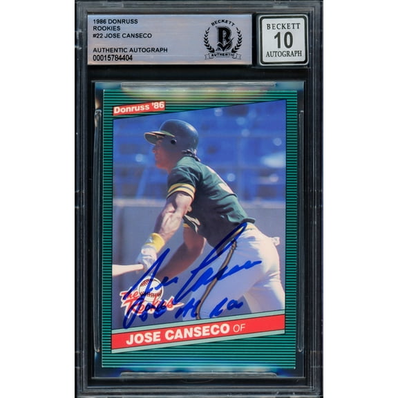 Jose Canseco Autographed 1986 Donruss The Rookies Rookie Card #22 Oakland A's Auto Grade Gem Mint 10 "86 AL ROY" Beckett BAS 216704