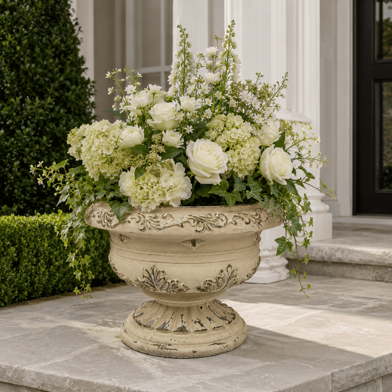 Aukfa Large MGO Garden Urn Planter, Outdoor Tall Decorative Stone-Look Flower Pot with Drainage Hole & Weather-Resistant, White