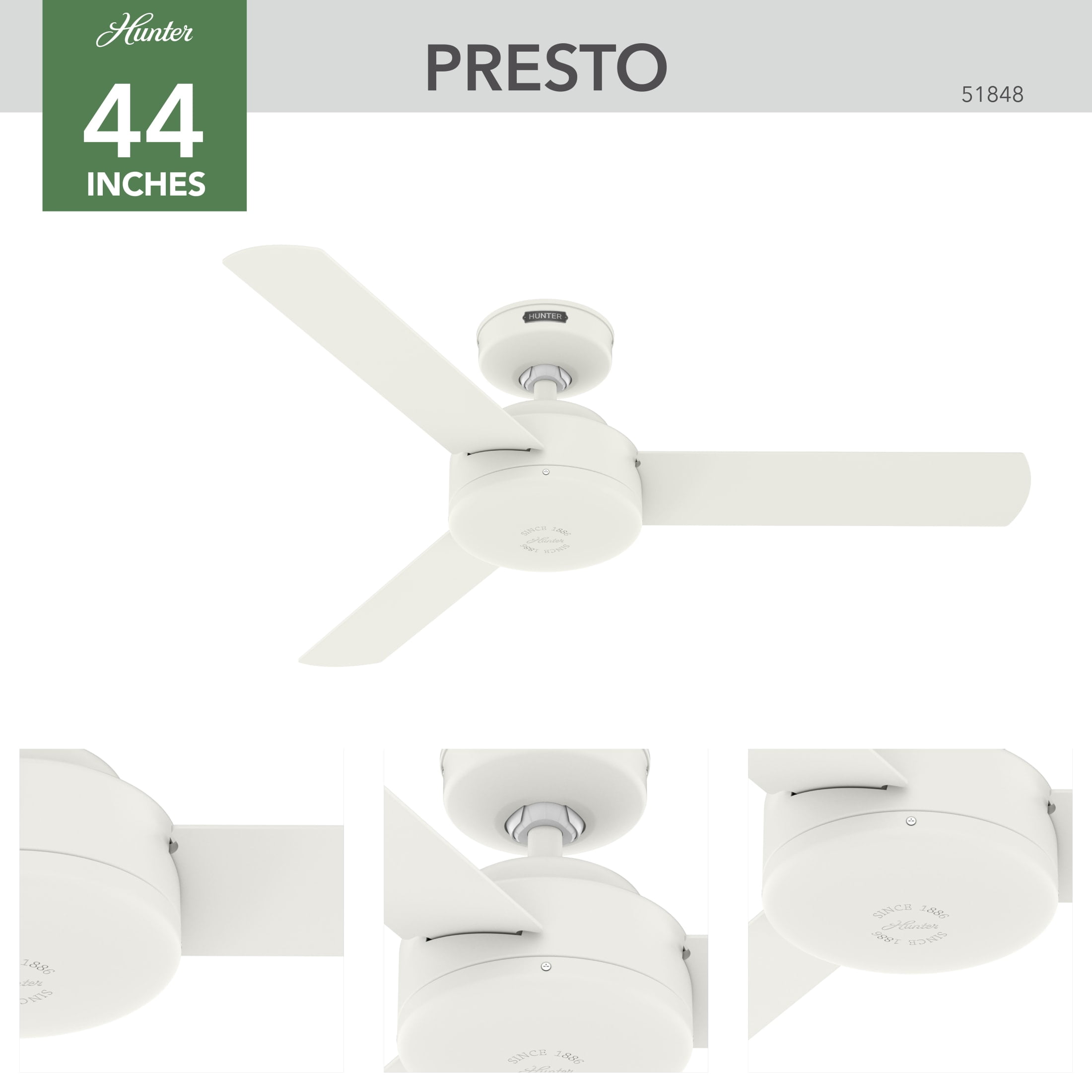 Hunter 44 inch Indoor Ceiling Fan No Light - White Modern Ceiling Fan without Light, 3 Blades, Standard Mount, For Bedroom, Living Room, or Kitchen, Wall Control - Presto 51848, Matte White
