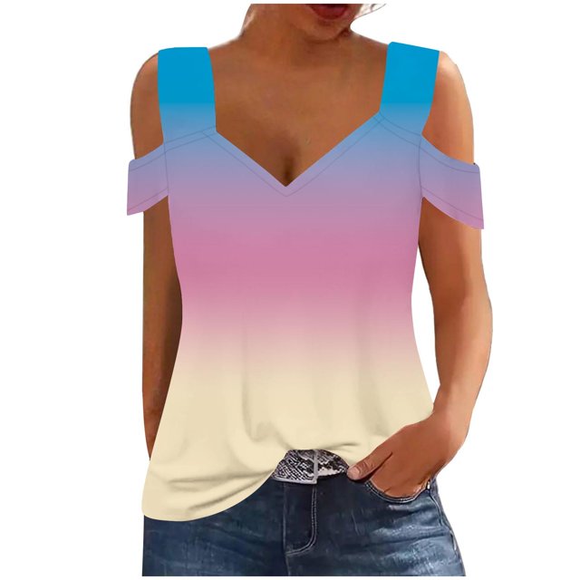 Plebaso Cold Shoulder Womens Gradient Tops V Neck Short Sleeve Blouses Loose Basic Tees Summer Casual Shirts
