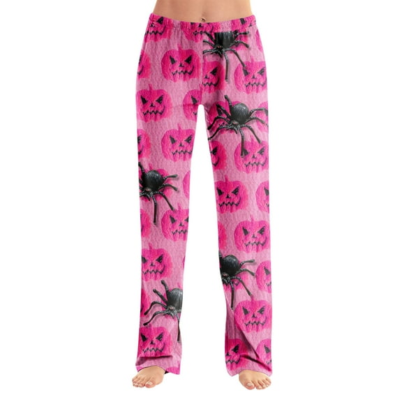 Dwralegc Womens Halloween Pajama Pants Long Bottoms Casual Pajama Pants Elastic Waist Cute Halloween Print Soft Sleepwear Hot Pink S