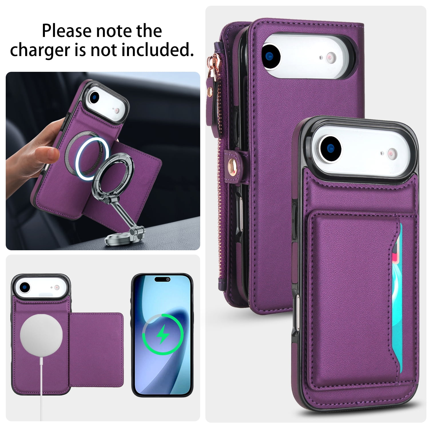 Designed for iPhone 17 Air Multi-Function Wallet Phone Case,With Shoulder Strap&Wrist Strap,Cash Pocket&Card Slots,Zipper Purse,Magnetic Detachable PU Leather Flip Phone Case,Purple
