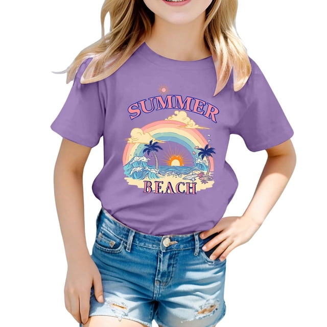 T-shirts pour Filles, Mode Décontractée, Imprimé, Manches Courtes, Col Rond, Tenues d'Été pour Filles, Chemises pour École, T-Shirts pour Filles 1-2 Ans