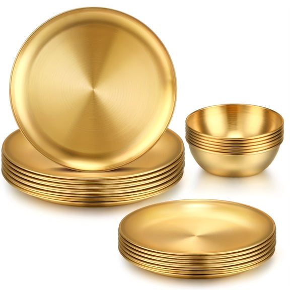 Golden Stainless Steel Dinnerware Set for 6, 10-Inch Plates, 8-Inch Dishes, 3.5-Inch Bowls, Stackable for Christmas Kitchen BBQ Picnic Party