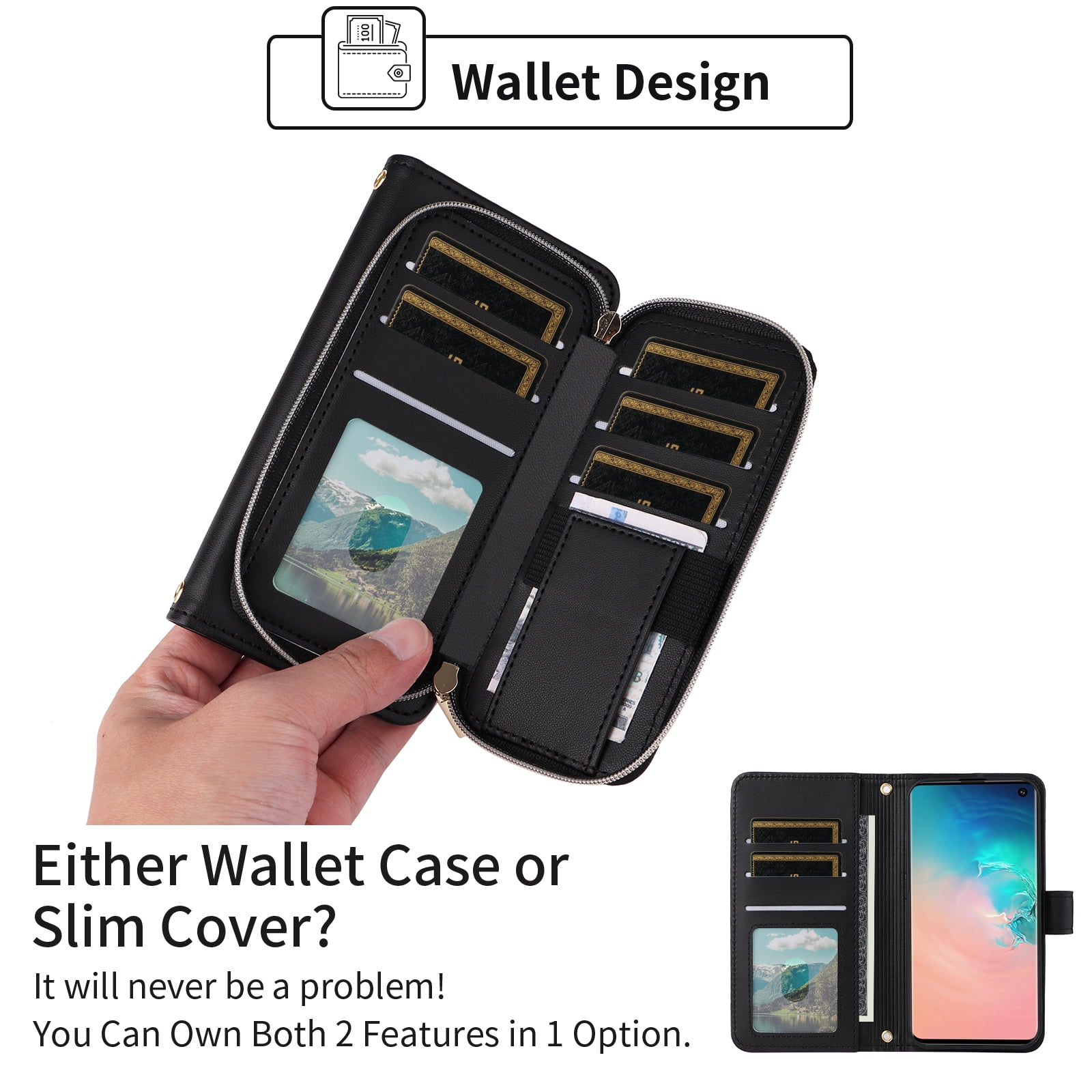 Furiet Argyle Wallet Case for Samsung Galaxy S10e with Wrist/Shoulder Strap Zipper Purse Luxury PU Leather Card Holder Slots Stand Checkered Phone Cover for S 10e 10se Se10 Women Girls Black