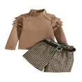 thumbnail image 1 of EIMELI Ensemble Fille Manches Longues à Volants Col Haut Côtelé Pull Imprimé Pied-de-Poule Short Ceinture, 1 of 6