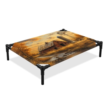 Brown Wooden Barn Elevated Dog Bed Golden Fall Tree Metal Windmill Sunset Farmhouse Cooling Breathable Outdoor Raised Dog Cot Bed with Metal Frame Non-Slip Feet for Medium Dog 24x20in