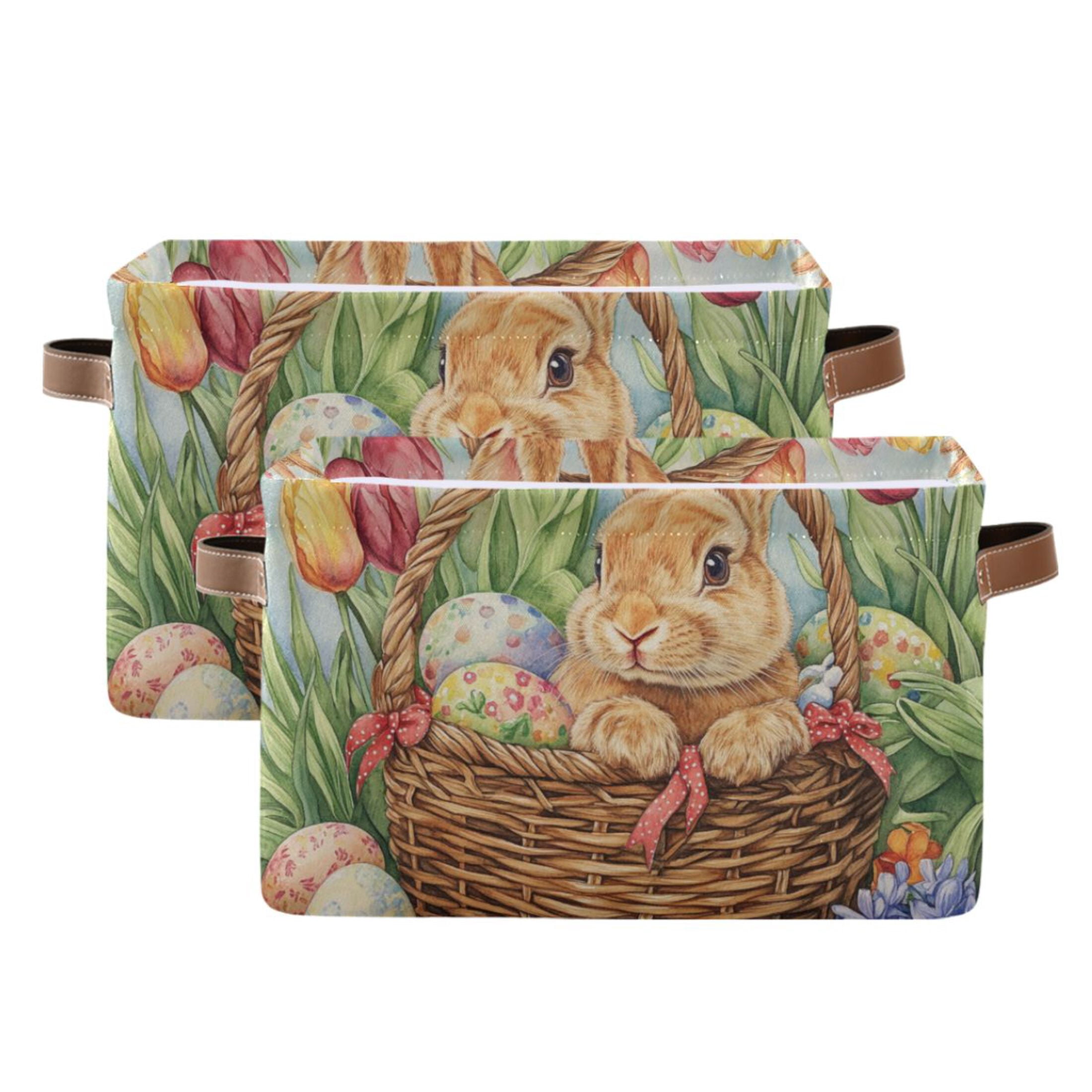 WOBOGO Easter Rabbit Square Storage Basket with Waterproof Canvas and PE Lining Durable PU Leather Handles 14.2×10.2×8.3in