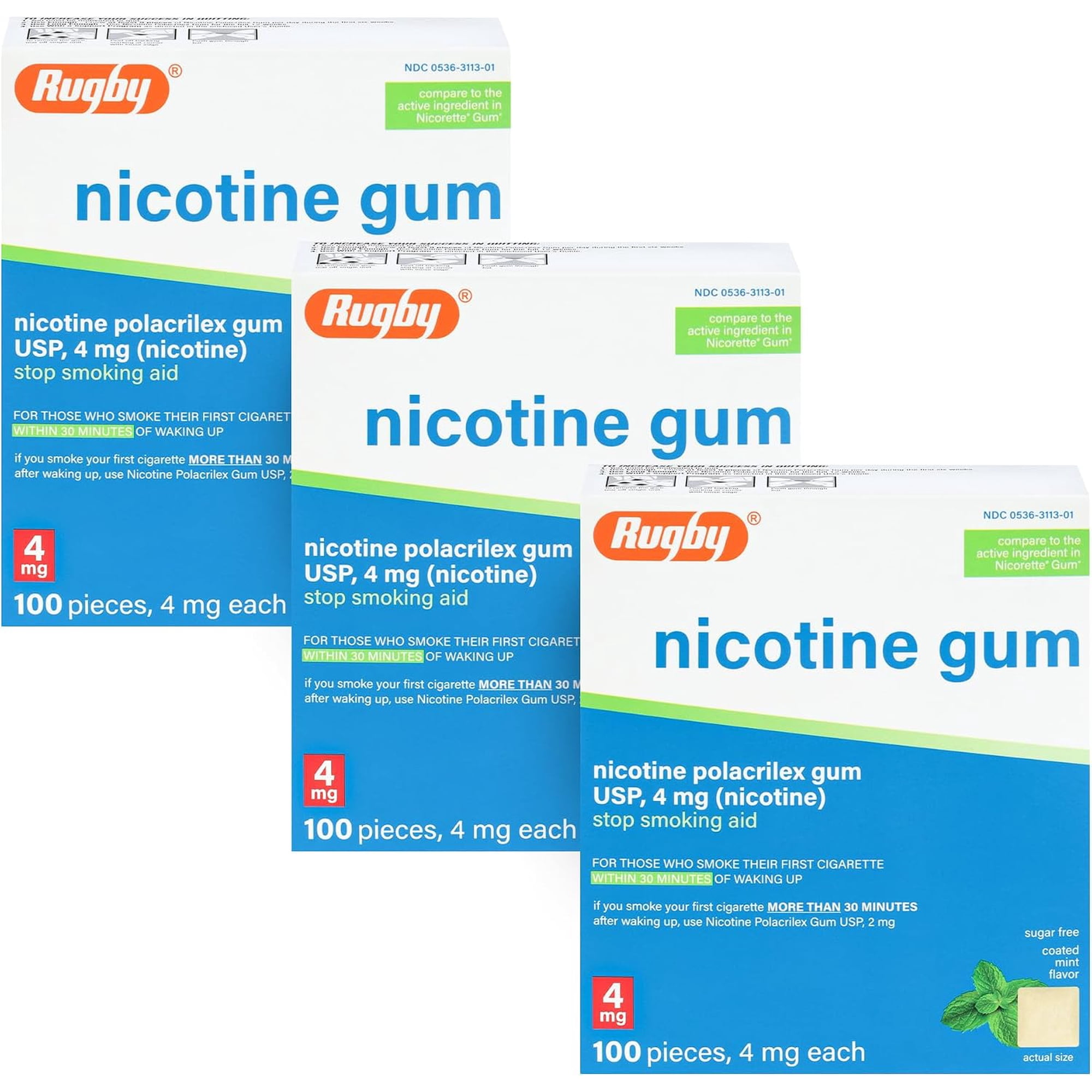 Rugby Polacrilex 4mg Nicotine Gum, Coated Mint Flavor, 100 Count (3-Pack)