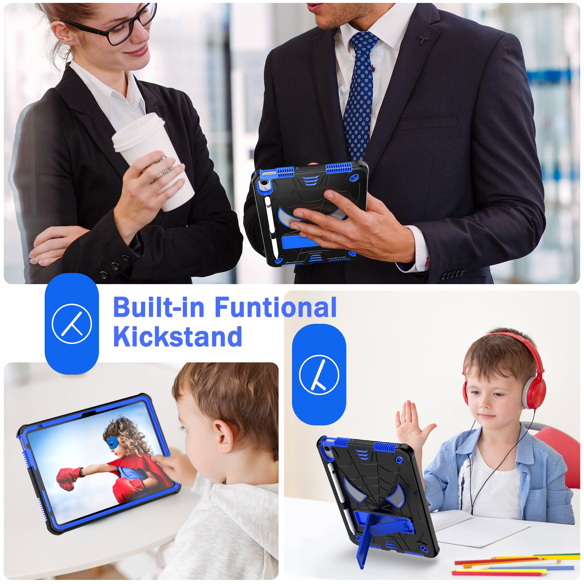 Rugged Shockproof Protective Case for Apple iPad A16 11th Gen 11" 2025 & iPad 10th Gen 10.9" - Heavy Duty 3-Layer Armor, Built-in Kickstand, Shoulder Strap, Pencil Holder, Shock Absorption,Black+Blue