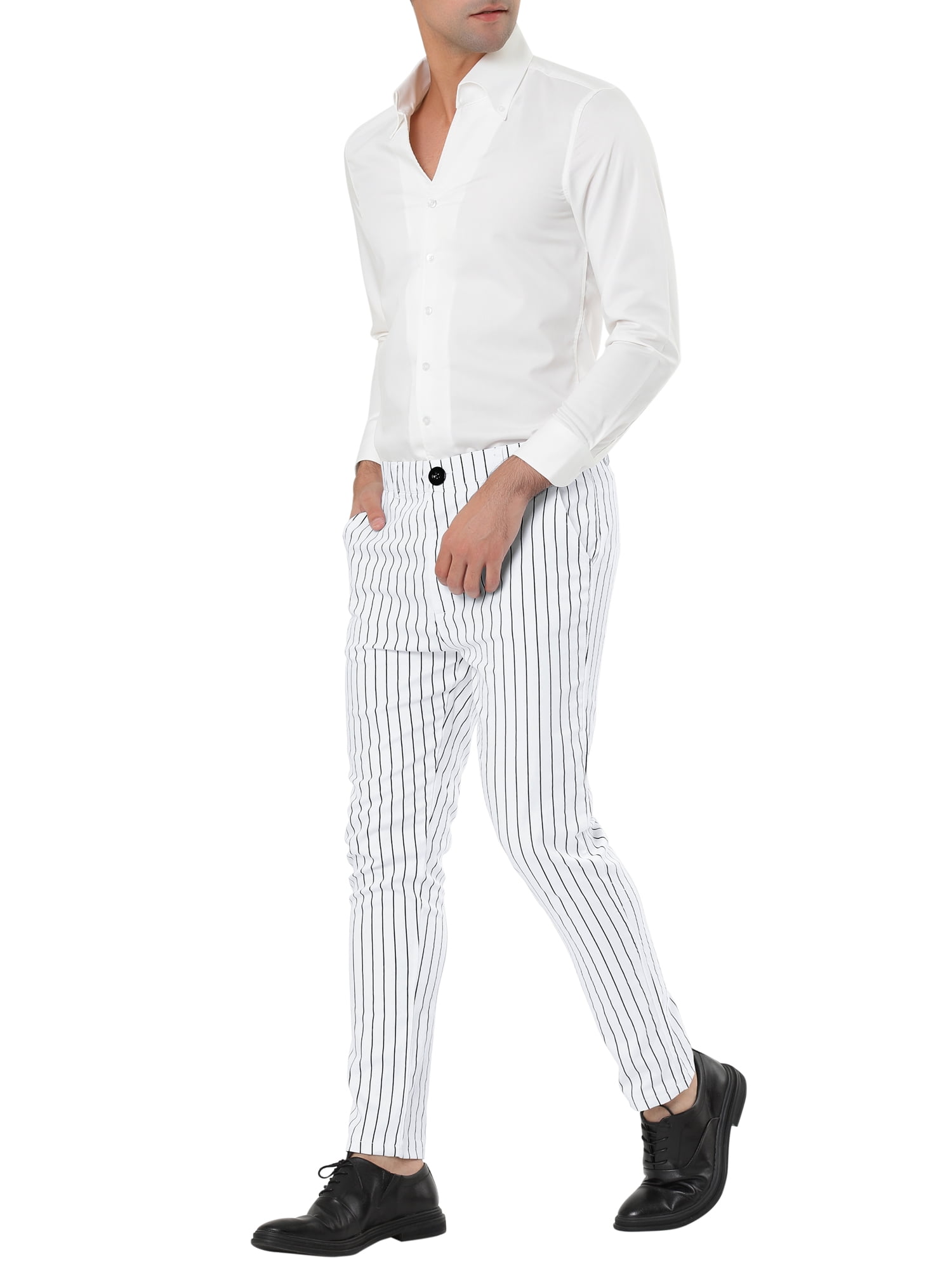 Unique Bargains Men's Striped Pants Slim Fit Flat Front Business Dress Trousers 38 White