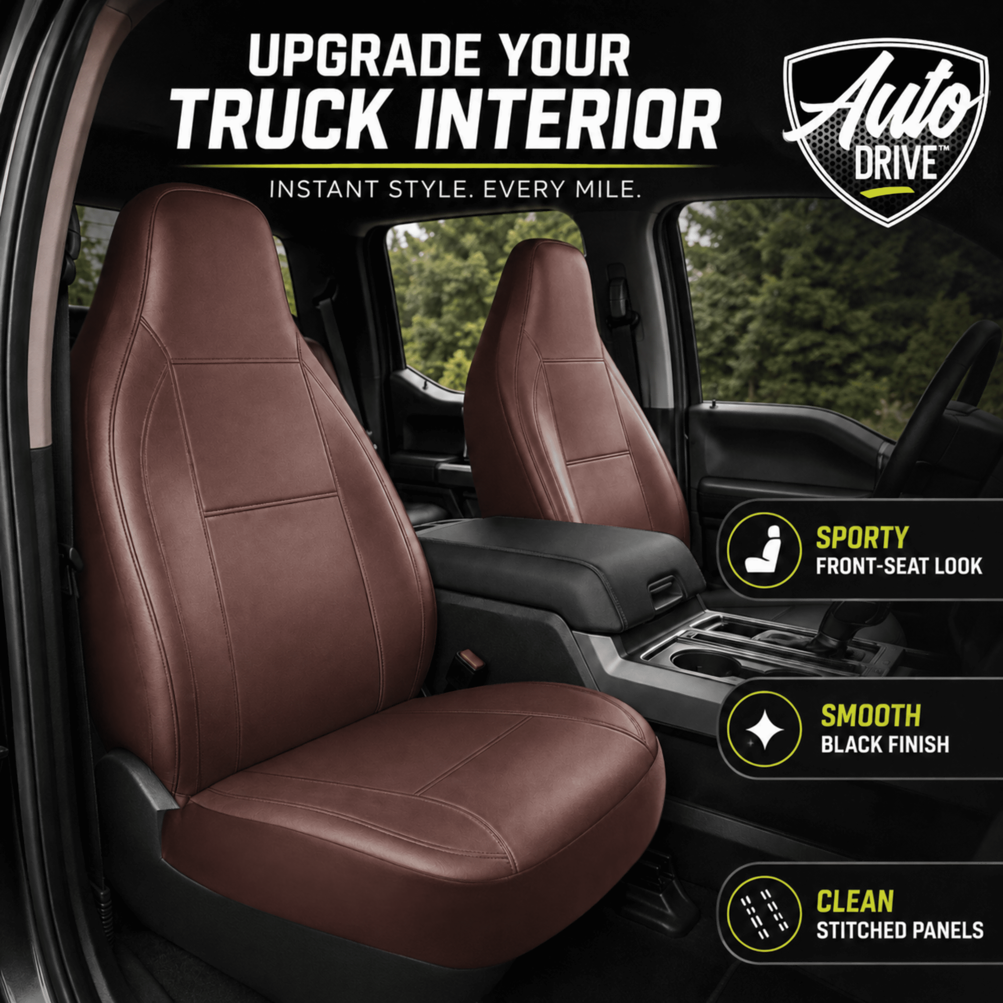 Auto Drive Car Seat Cover,High Back Full Leather Seat Protector Front Seat, Premium Comfortable Anti-Slip, Airbag Compatible Universal Fit for Cars SUVs Trucks,Brown