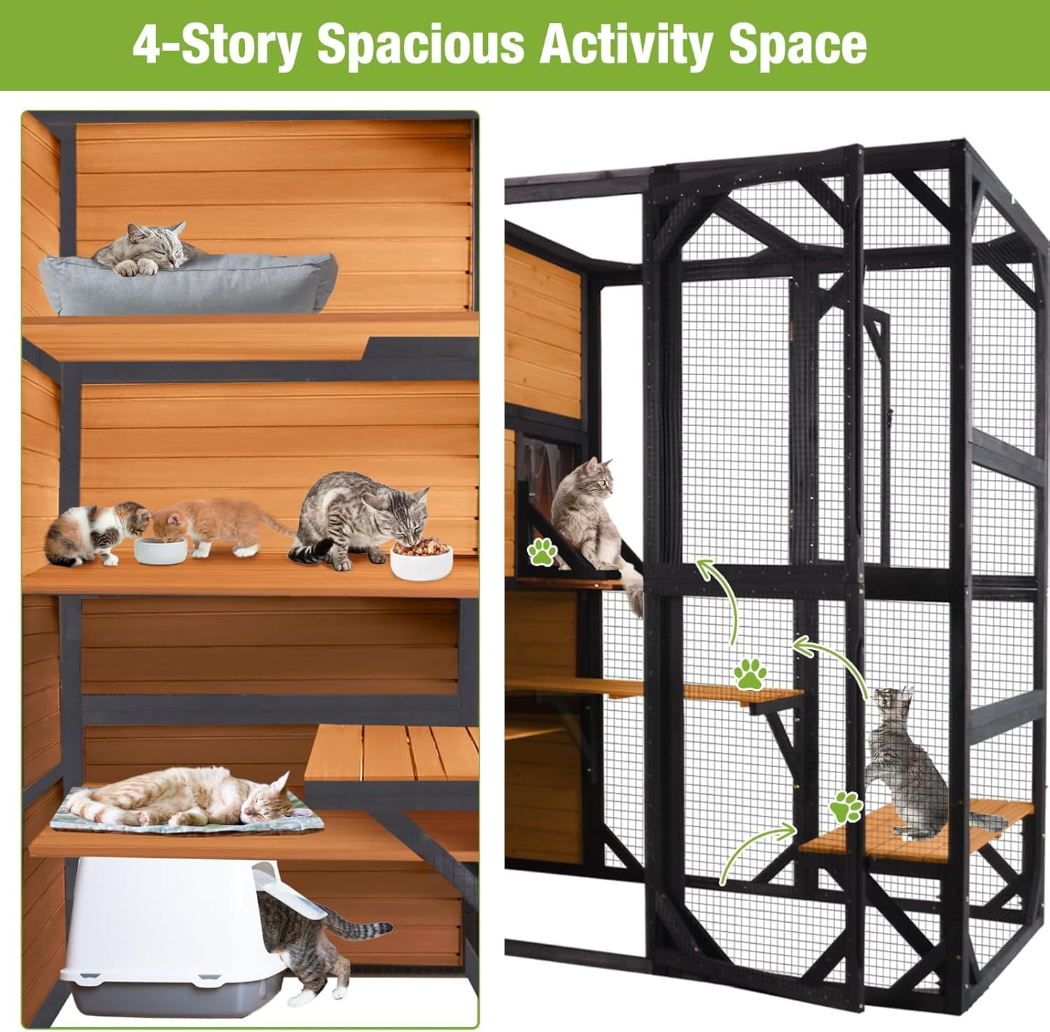 MEDEHOO Large Catio Outdoor Cat Enclosure, 77 Inch Weatherproof Cat House with Connectable Window Box, 4-Tier Wooden Cat Cage with Multi-Level Platforms & Resting Areas (Brown)