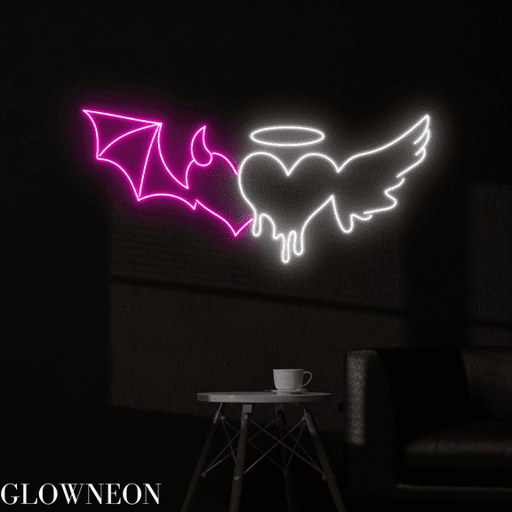 Glowneon Angel Devil Heart Neon Sign, Heart Led Sign, Couple Room Art