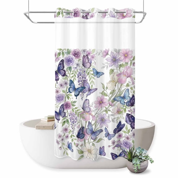 No Hook Shower Curtain, Pink Flowers Shower Curtains for Bathroom with See Through Top Window, Spring Floral Purple Butterflies Watercolor Waterproof & Washable Bath Curtain Small Stall 36"x78"