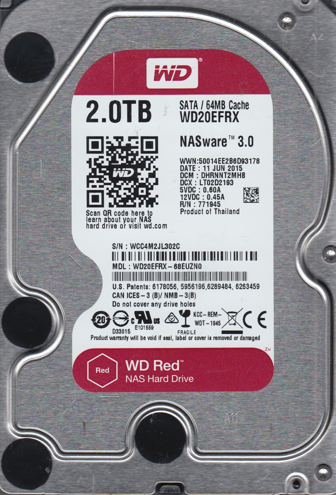 動作品　WD Red 2.0TB HDD WD20EFRX Western Digital RED WD20EFRX 2TB HDD 5本