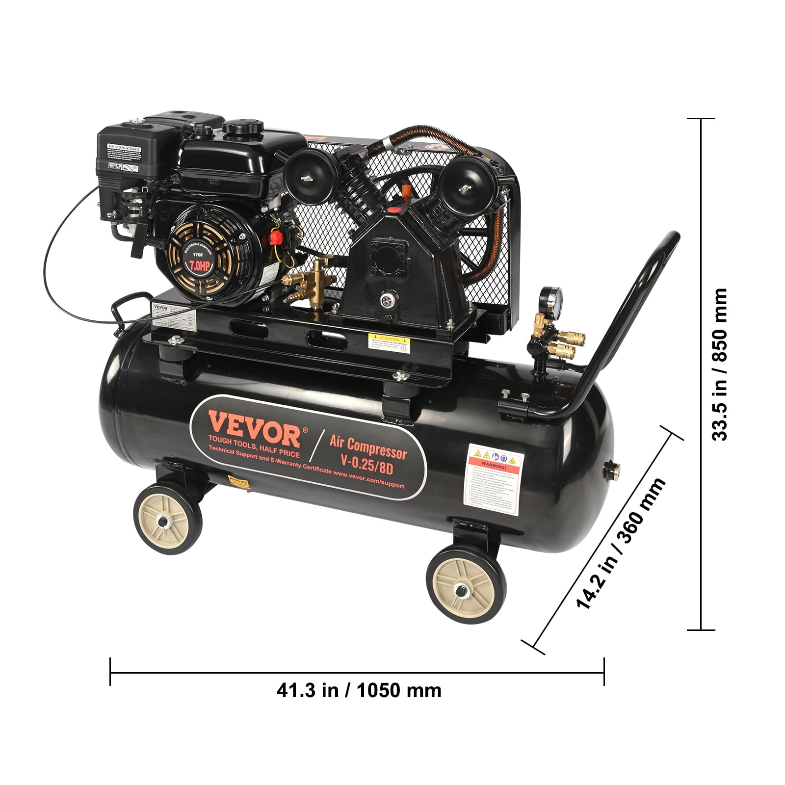 VEVOR 7HP Gas Powered Air Compressor, 21 Gallon Horizontal Air Compressor Tank, 9CFM@115PSI Gas Driven Piston Pump Air Compressed System with 115PSI Max Pressure for Construction Sites Workshop