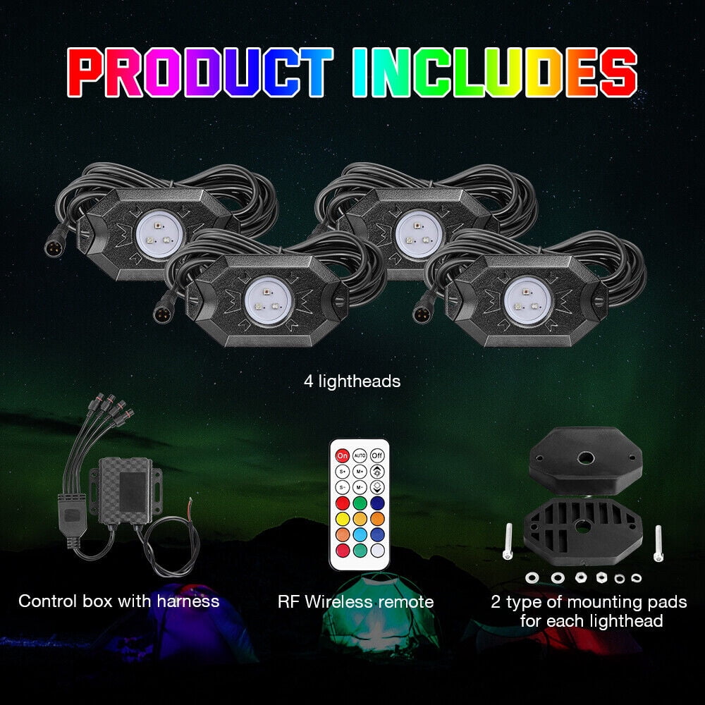4-Pods RGB LED Rock Light Kit APP Remote Control for Polaris RZR Jeep ATV UTV