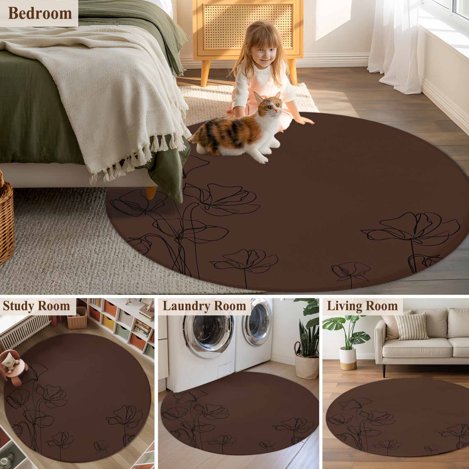 Round Area Rugs Collection 6 Ft, Brown Flowers Non-Slip Residential Carpet, Japanese Abstract Floral Plants Simple Art Indoor Crawling Mats Runner Rugs for Living Room/Dining Room/Bedroom