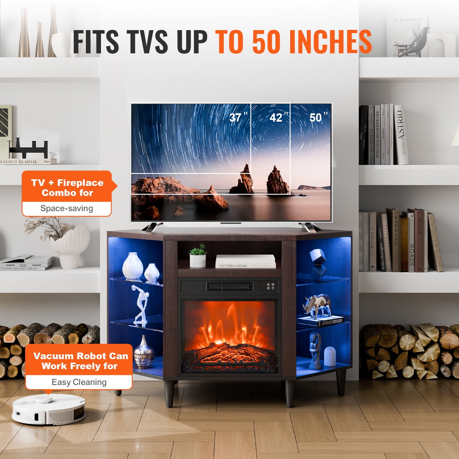 VEVOR Electric Fireplace TV Stand, Corner TV Stand for TVs up to 50", Corner Console with 18" Fireplace, Vintage Design, 20 LED Lights, Remote Control & Timer for Living Room, Brown