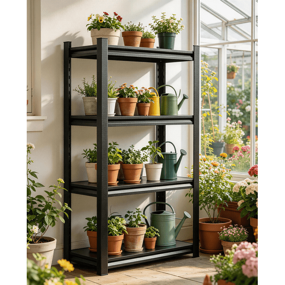 Heavy Duty Plant Rack,20"W Black Metal Shelving Unit,4 Tier Garage Storage Shelves, Heavy Duty Adjustable Storage Rack for Kitchen Garage Organization,14"D x 20"W x 44"H