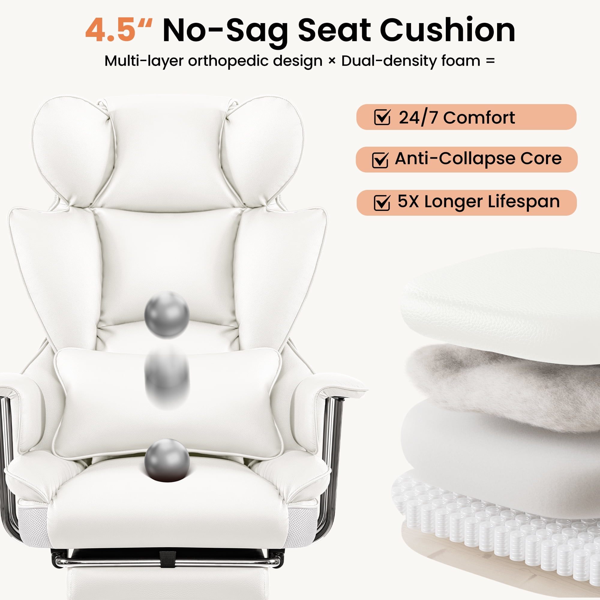 Primy High Back Office Chair, Big and Tall PU Leather Executive Chair with Footrest – Ergonomic Reclining Computer Desk Chair, High-Density Foam, Heavy Duty Swivel Rolling Chair, White