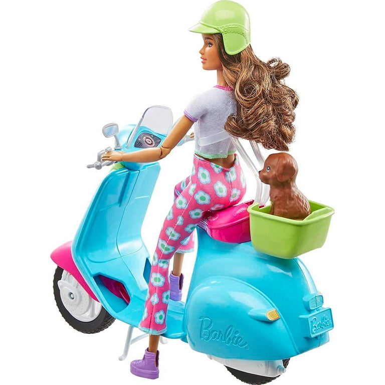Barbie Fashionistas Doll and Scooter Travel Playset with Stickers Pet Puppy and Themed Accessories including Map and Camera