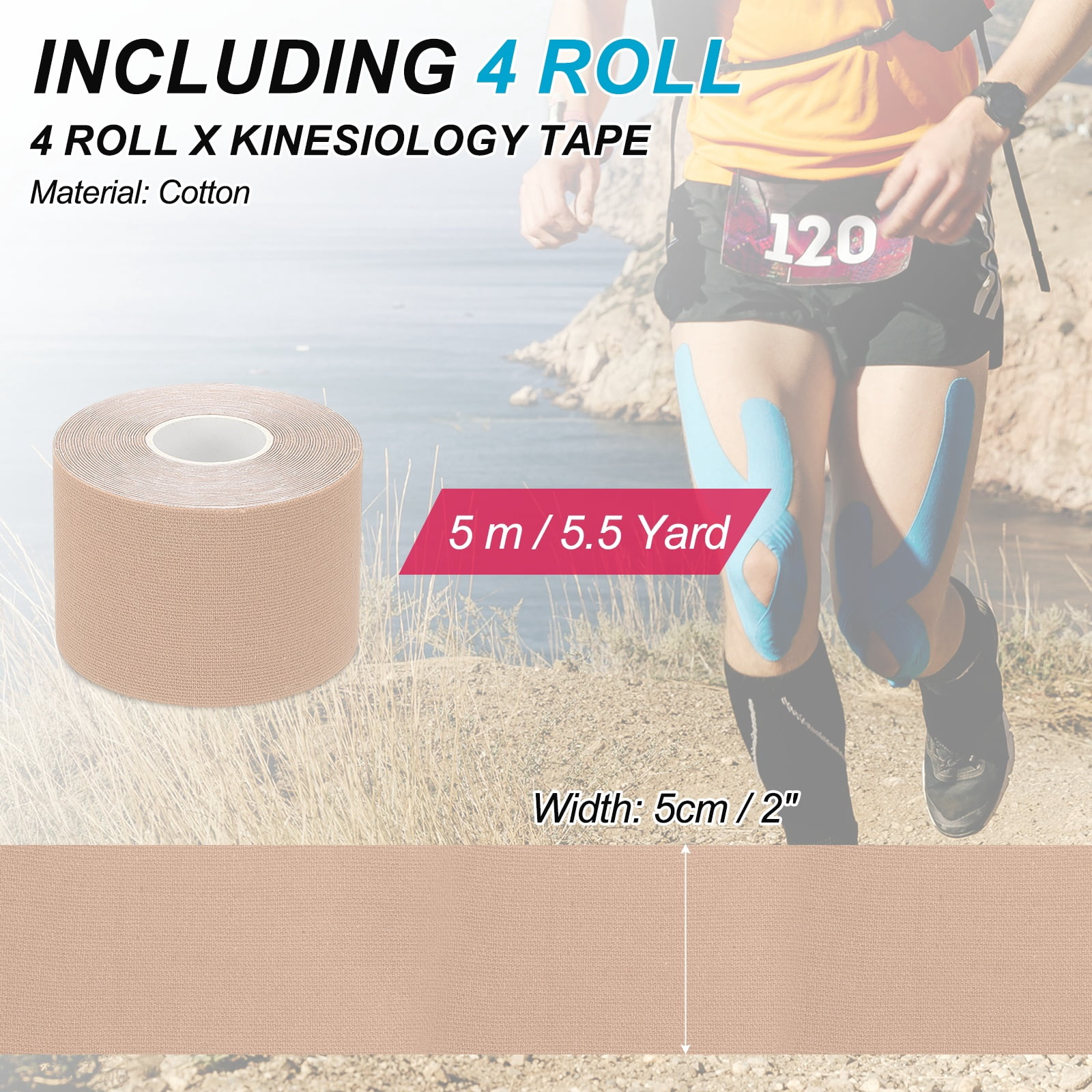 Uxcell Kinesiology Tape, Adhesive Cotton Sport Muscle Support Tapes Waterproof Elastic Tape for Knee Ankle Wrist Shoulder Light Skin Color