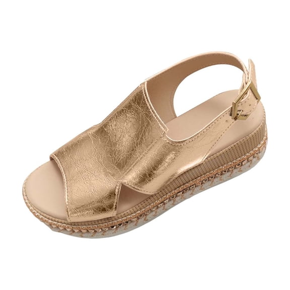 KEGIRLOM Women's Fashionable Casual Outerwear Versatile Plus Size Solid Color Round Toe Open Toe Buckle Wedge Sandals Gold 6.5