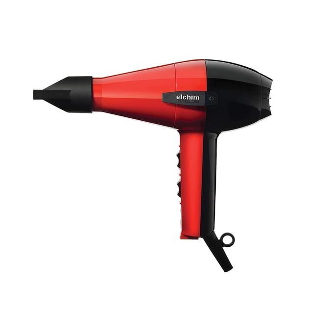 Elchim Classic 2001 Dryer in red and black, featuring a sleek design with a narrow concentrator nozzle. This professional-grade hair dryer is handmade in Italy and equipped with an Italian AC motor. It offers two air speeds, three temperature settings, and high-pressure air compression technology for fast and efficient blowouts, ideal for thick coarse hair. Includes ceramic technology to preserve hair integrity and an instant cold air shot for setting styles.