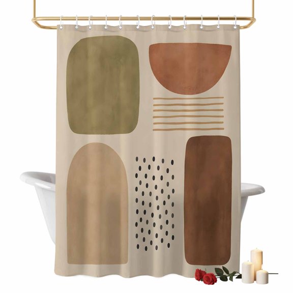 Rounded Color Blocks Bathroom Shower Curtains with Hooks, Abstract Boho Minimalist Terracotta Green Beige Waterproof Fabric Washable Shower Curtain for Home Hotel Bathtub Decor 60x72 Inch