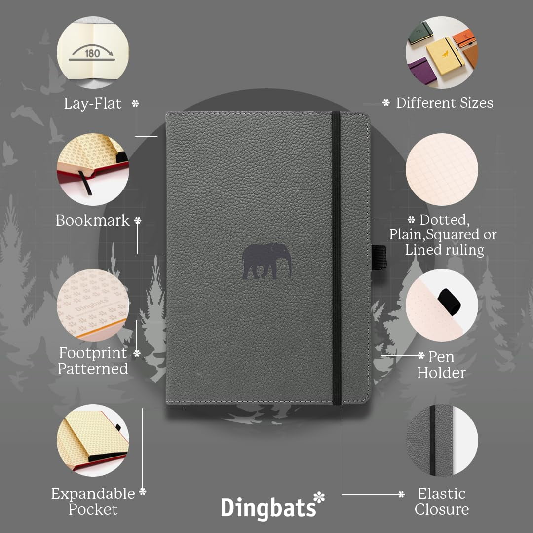 Dingbats A4+ Wildlife Grey Elephant Notebook - Dotted
