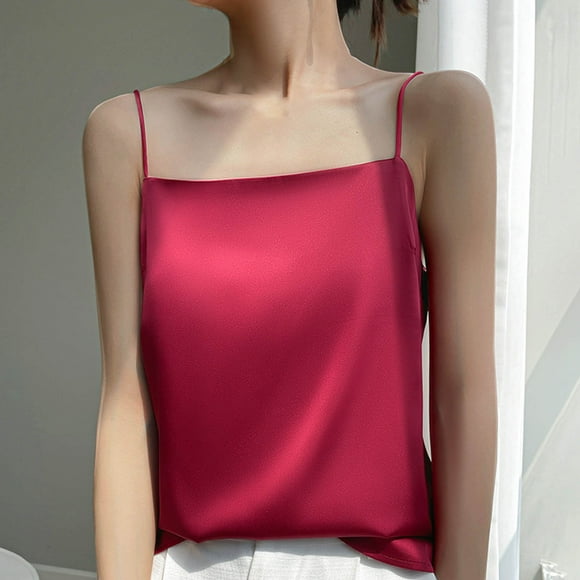 Staron Women's Tank Tops Sleeveless Silk Satin Tank Shirt Spaghetti Strap Casual Flowy Solid V Neck Cami Blouses Wine XXL