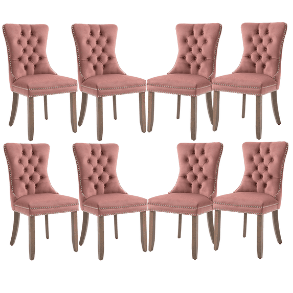 Tufted Dining Chair, Contemporary Velvet Chairs for Dining Room Upholstered Dining Chairs with Nailhead Rivet Trim Design Pull Ring on Backrest (Pink,Set of 8)