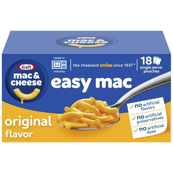 Kraft Easy Mac and Cheese, 18 Packets, for Easy Dinner or Dinner Sides, Original Flavor, No Artificial Flavors, Preservatives or Dyes, 38.7 oz