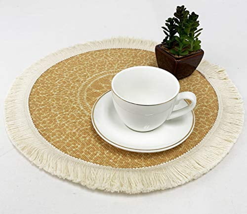 Fennco Styles Unique Dream Catcher Fringe Cotton Placemats 14-inch Round, Set of 4 - Yellow Decorative Boho Table Mats for Home Decor, Dining Table, Banquets and Special Events