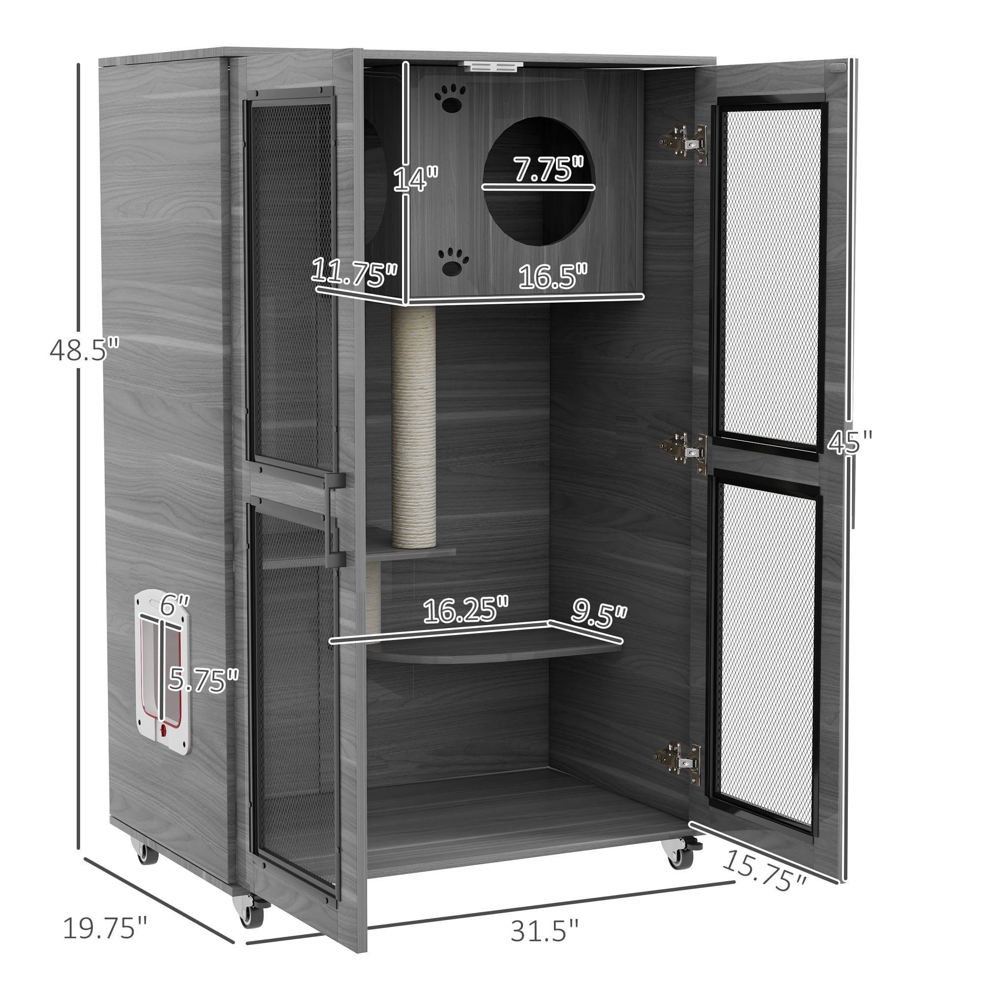 PawHut Cat House with Cat Tree Kitty Cage with Scratching Posts Condo Wheels Flap Door, Gray, 31.5" x 20" x 48.5"