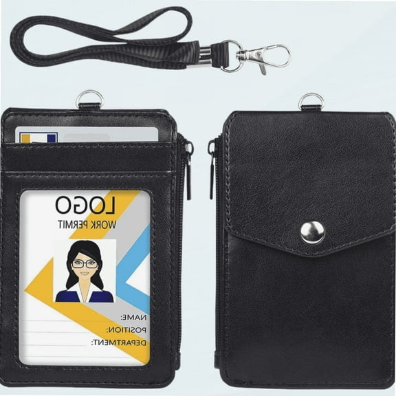 Badge Holder with Side Zip Pocket, Multiple Card Slots Leather ID Holder Wallet with Neck Lanyard for Office Staffs, Teachers/Students, Couriers, Workers, Black