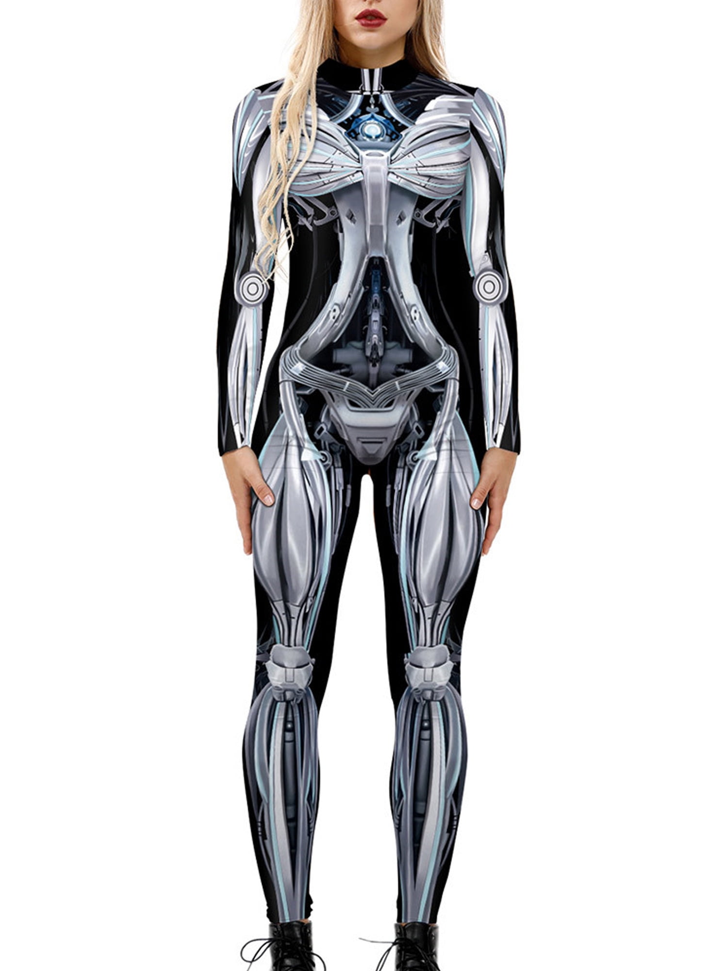 Womens Halloween Costume Skeleton Print Bodysuit Skinny Catsuit Jumpsuit Funny Long Sleeve Cosplay Bodycon Outfit