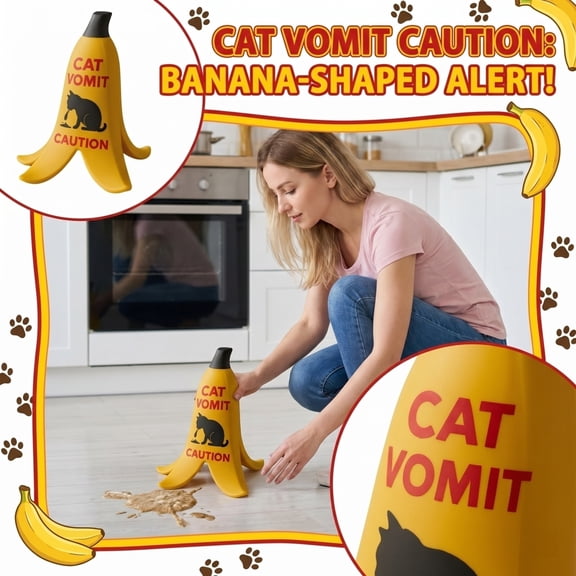 Banana Peel Shaped Cat Vomit Caution Warning Sign Funny Pet Floor Alert Decor for Home Kitchen Living Room Unique Novelty Gift for Cat Lovers