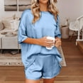 thumbnail image 4 of LYEAA Satin Pajamas for Women Shorts Set Valentine's Day Two-piece Soft Nightwear Short Sleeve Tops Cozy Loungewear Ladies Solid Loose Casual Sleepwear Sleepsuits Blue S, 4 of 5