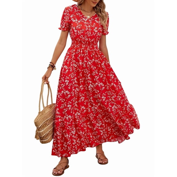 Women Casual Dresses for Summer Short Sleeve Flare Midi Dress Loose Flowy Beach Sundress Red S